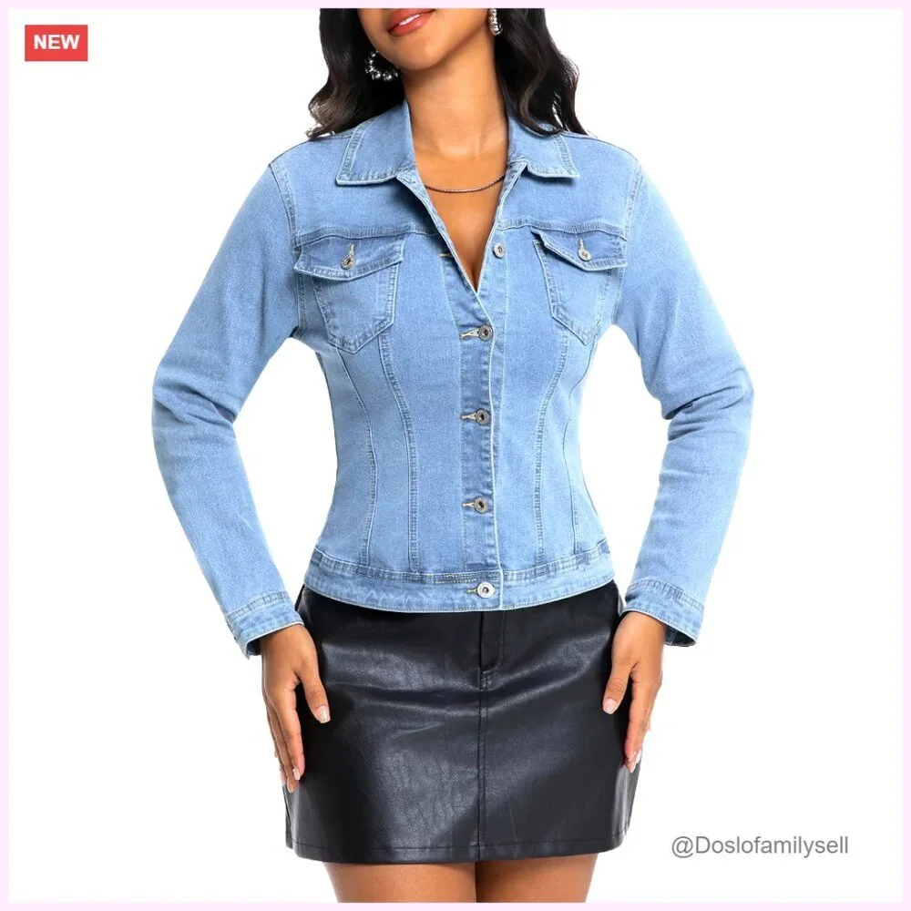 Cropped Denim Jacket Slim Fitted Stretchy Button Down Lapel Long Sleeve - Picture 1 of 7